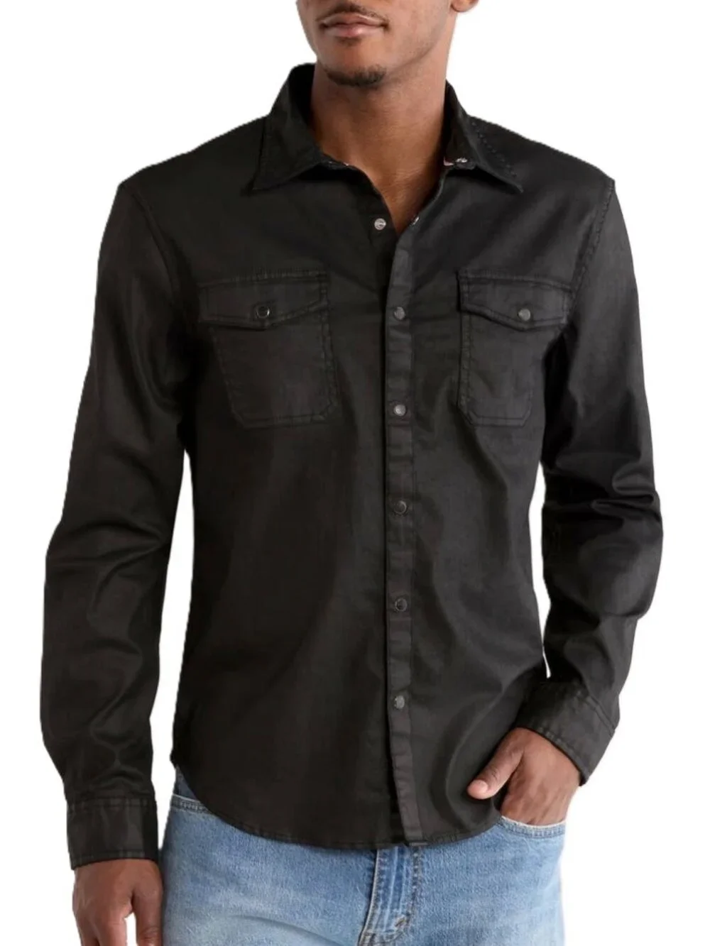 John Varvatos Collection Mens Black Coated Leather-Look Western Shirt NWT $248